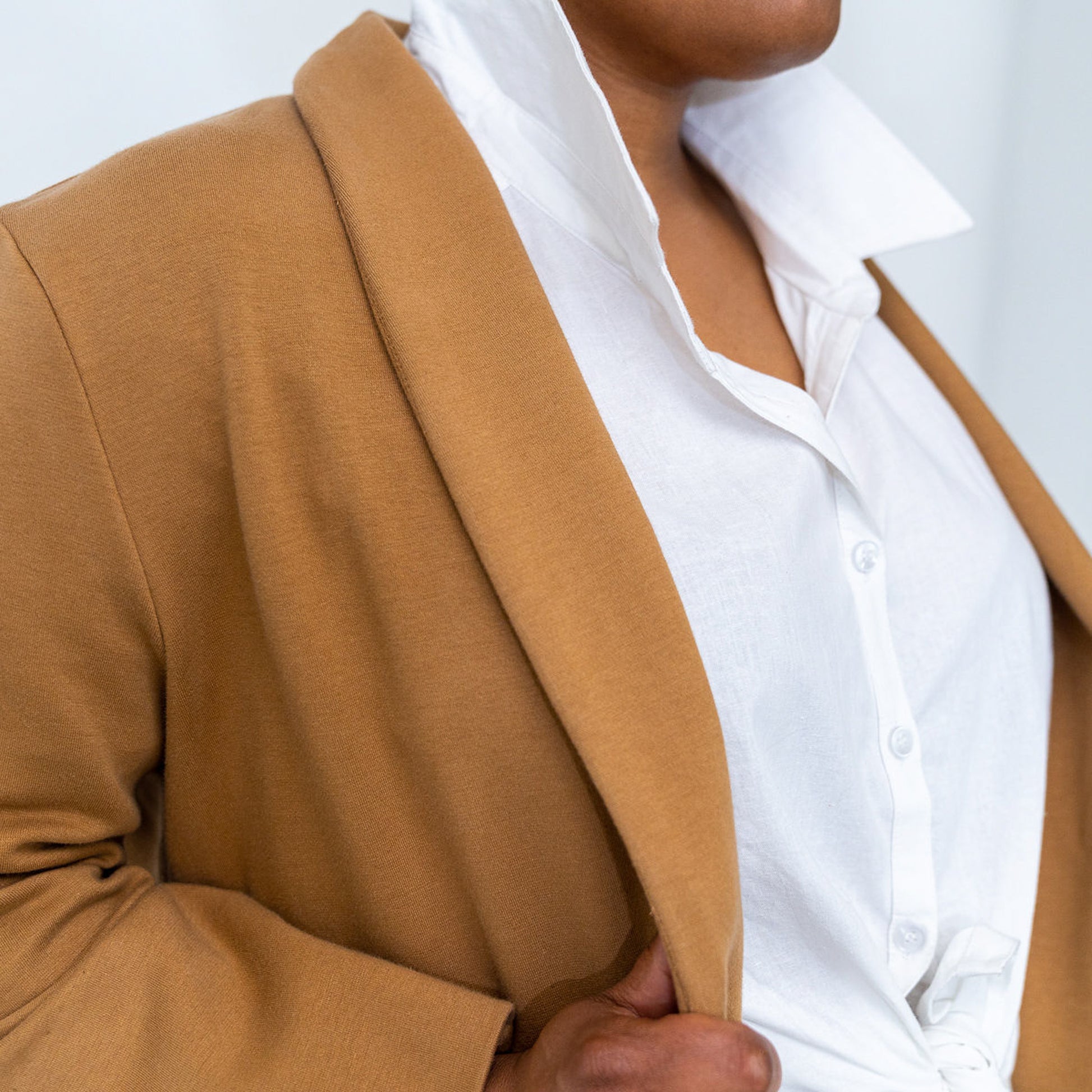 ethical fair trade fair-trade anti-traffic anti-trafficking jacket blazer double-knit cotton fall fall-wear thick warm collar collared pocket pockets dress casual toasted coconut toasted-coconut beige tan sand camel