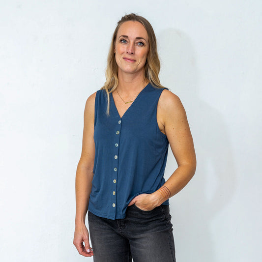 ethical fairtrade fair-trade tank tanktop top cami button buttonup button-up vneck V-neck sleeveless anti-traffic anti-trafficking blue steel blue steel-blue
