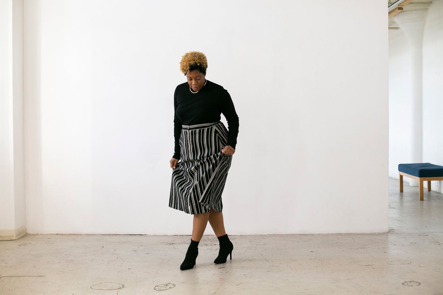 FINAL SALE Isthmus Midi Skirt : Black & Oatmeal Stripe