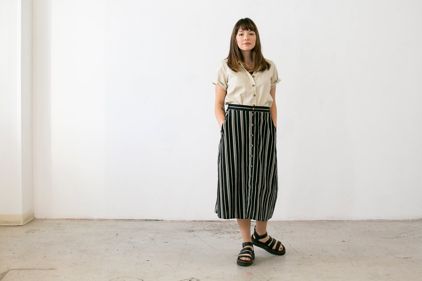 FINAL SALE Isthmus Midi Skirt : Black & Oatmeal Stripe