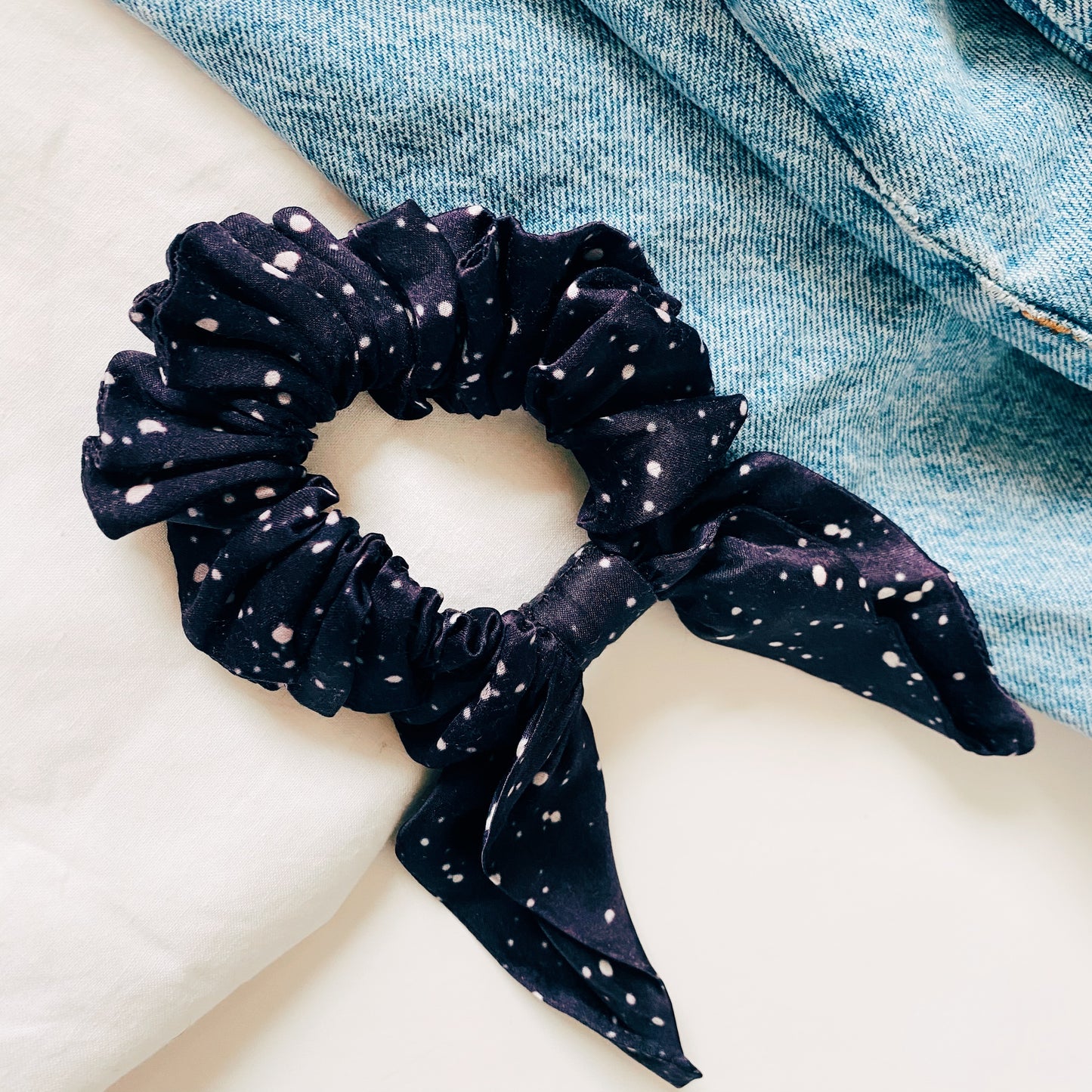 ethical fair trade dark blue dotted polka dot scrunchy scrunchie hair accessory accessories anti-trafficking 